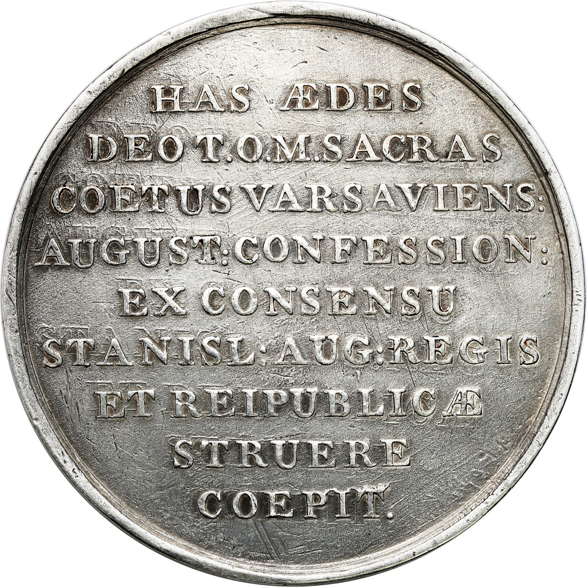 Stanisław August Poniatowski. Medal 1777/78, budowa kościoła ewangelicko-augsburskiego w Warszawie, Holzhaeusser, srebro